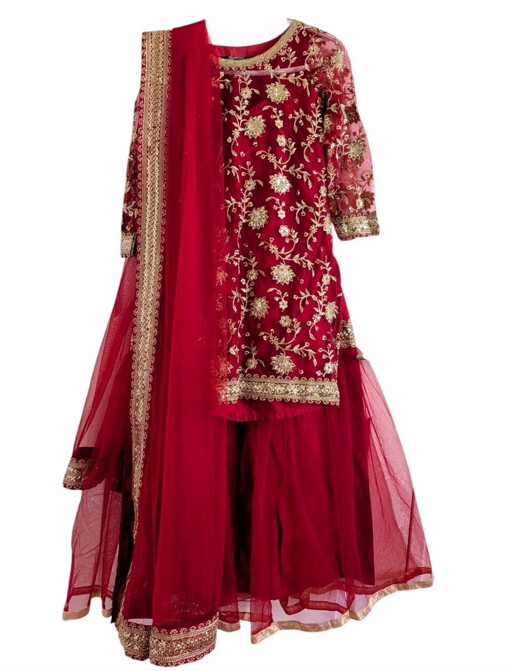 3-Piece Indian Sharara Suit Red Gold Embroidered Wedding Party Outfit  XS